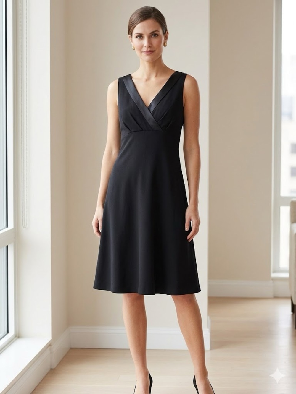 ✨DONNA RICCO Pleated V-Neck Black A-Line Midi Dress!
